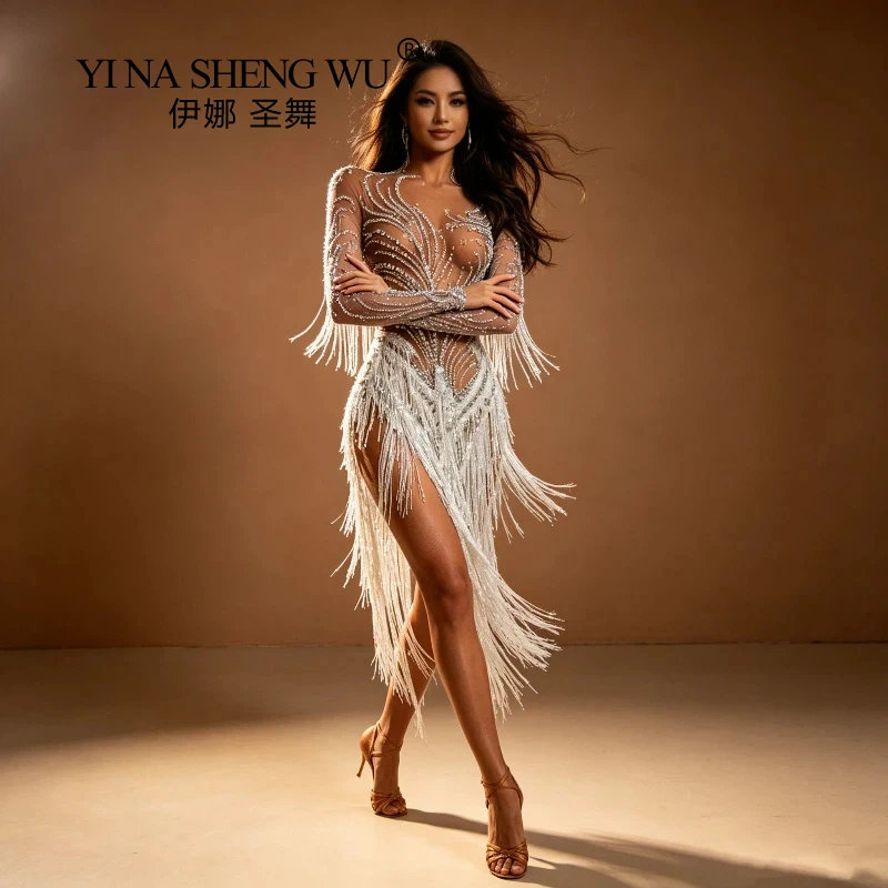 Latin Dance Outfit Fringe Skirt Adult Nightspot for Women Rumba Chacha Tango Recital Competition Bar Dance Team AK Show Performa