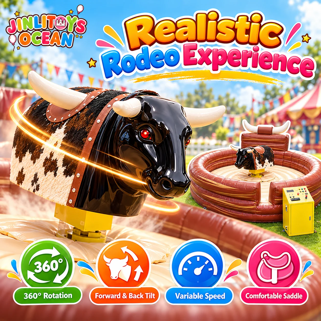 Variable-Speed ​​Electric Mechanical Bull – Interactive Challenge Ride with Inflatable Enclosure for Parks & Farms