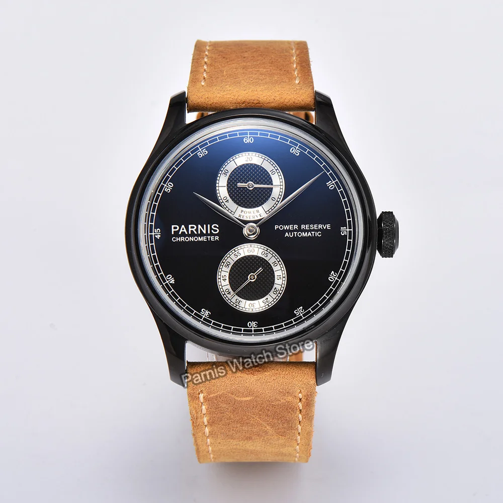 Parnis 42.5mm Power Reserve Blue Dial Silver Marks Automatic Movement Men's Wristwatch Black Leather Strap