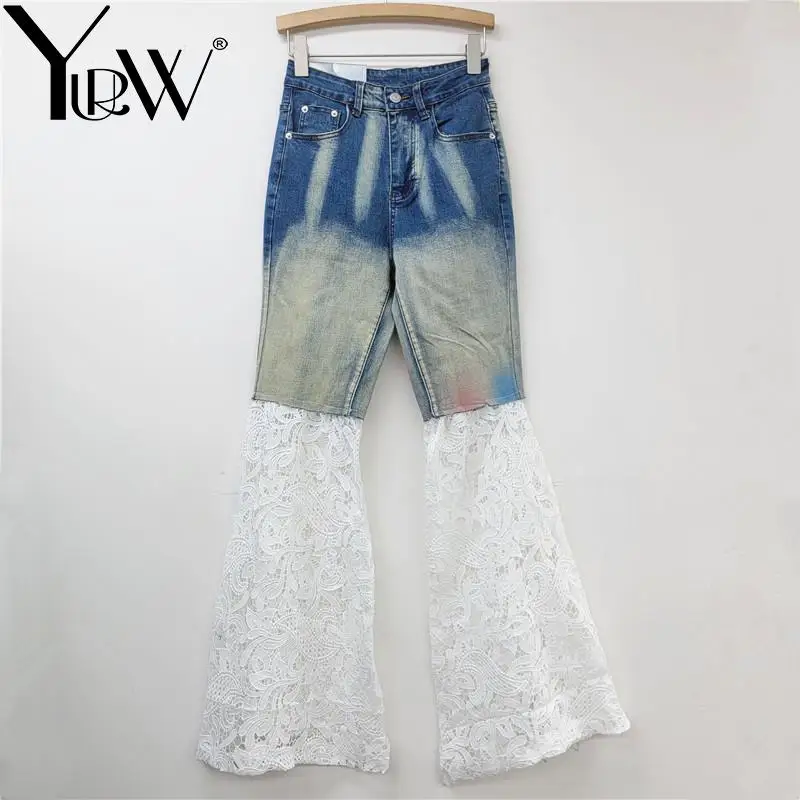 YUERWANG Women Jeans 2025 Spring Fashion Elegant All Match High Waist Lace Stitching Color Matching Long Flare Denim Pants New