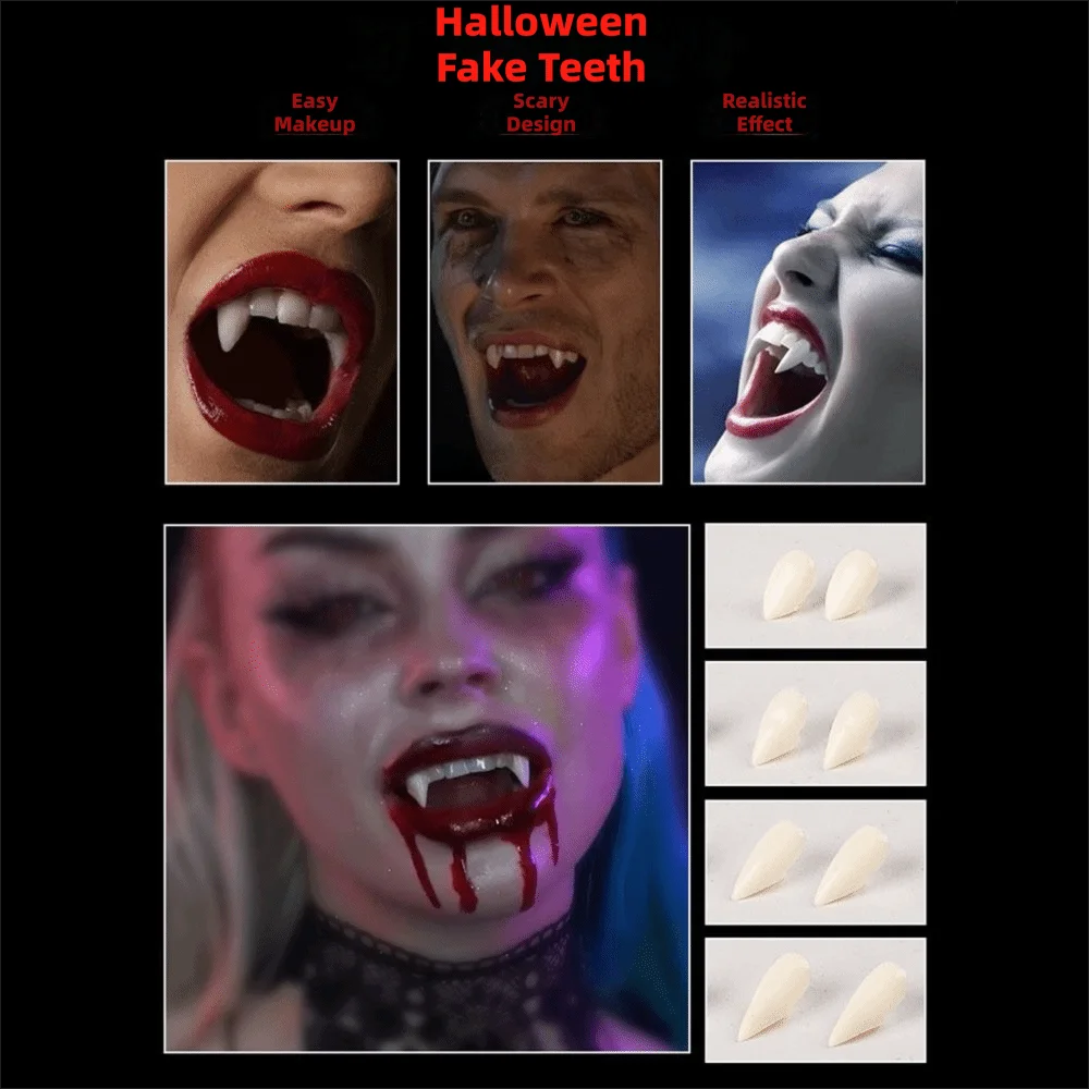 1/4Pair Resin Halloween Fangs Realistic Teeth Reusable Cosplay Fake Teeth Scary Solid Gel Zombie Teeth Cosplay Costume