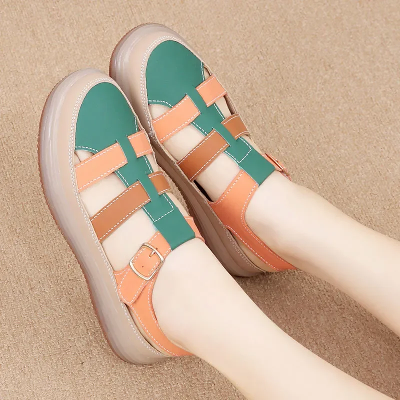 2025 Summer High Quality Leather Baotou Roman Sandals Ladies Retro Hollow Woven Women Sandals Platform Beach Slippers Sandalias