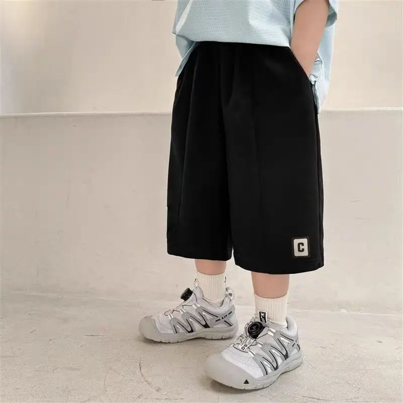 New 2026 Boys Shorts 7/5 Length Casual Sport Knitted Stretchy Loose Fit Summer Thin Pants