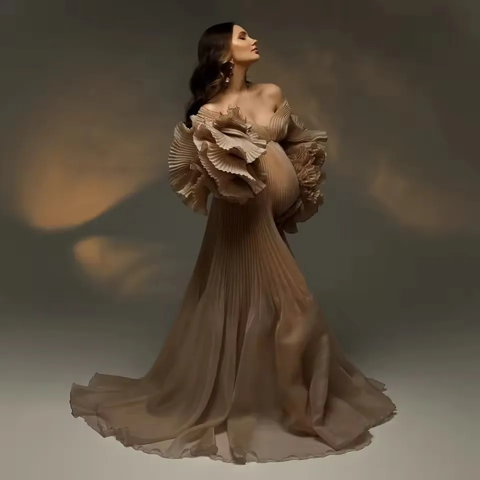 

KhakiStunning Pleated Maternity Photoshoot Dress Long Sleeves Pleated Organza Maternity Dresses Photoshoot Baby Shower Dres