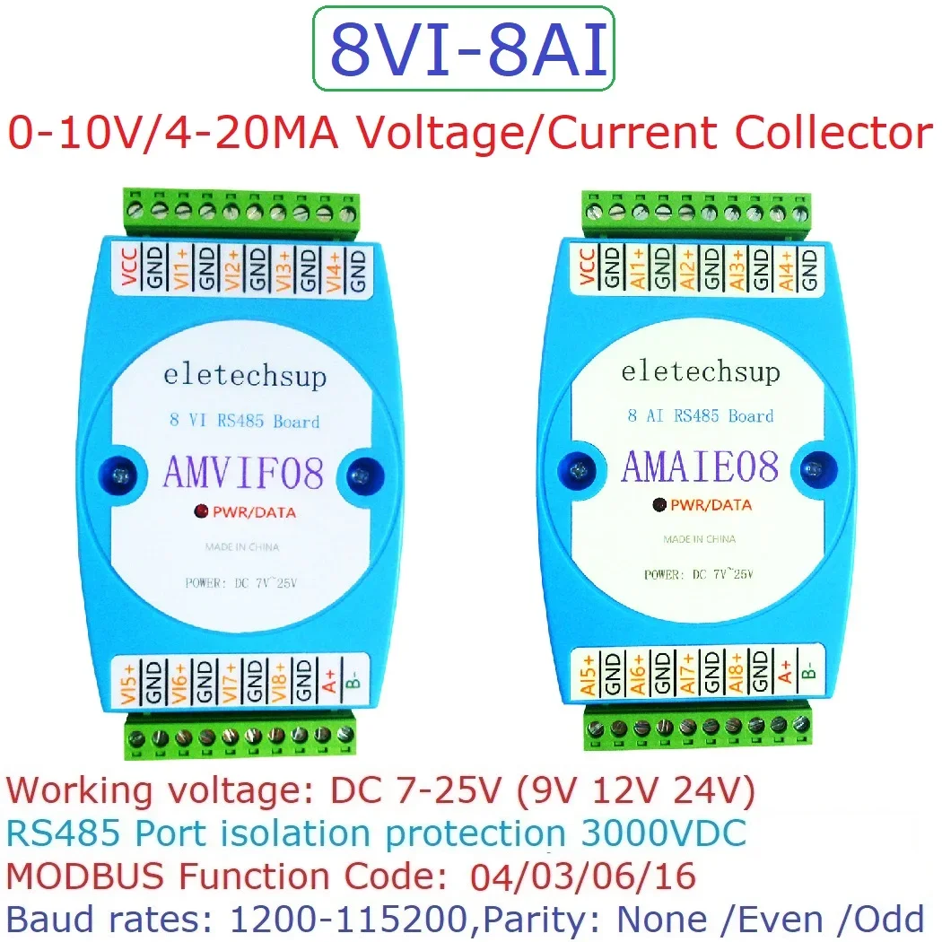 

AMAIE08 DC12V-24V 8CH 4-20MA 0-20MA 0-10V to RS485 Current Voltage ADC Collector MODBUS RTU Board Read Capture Module