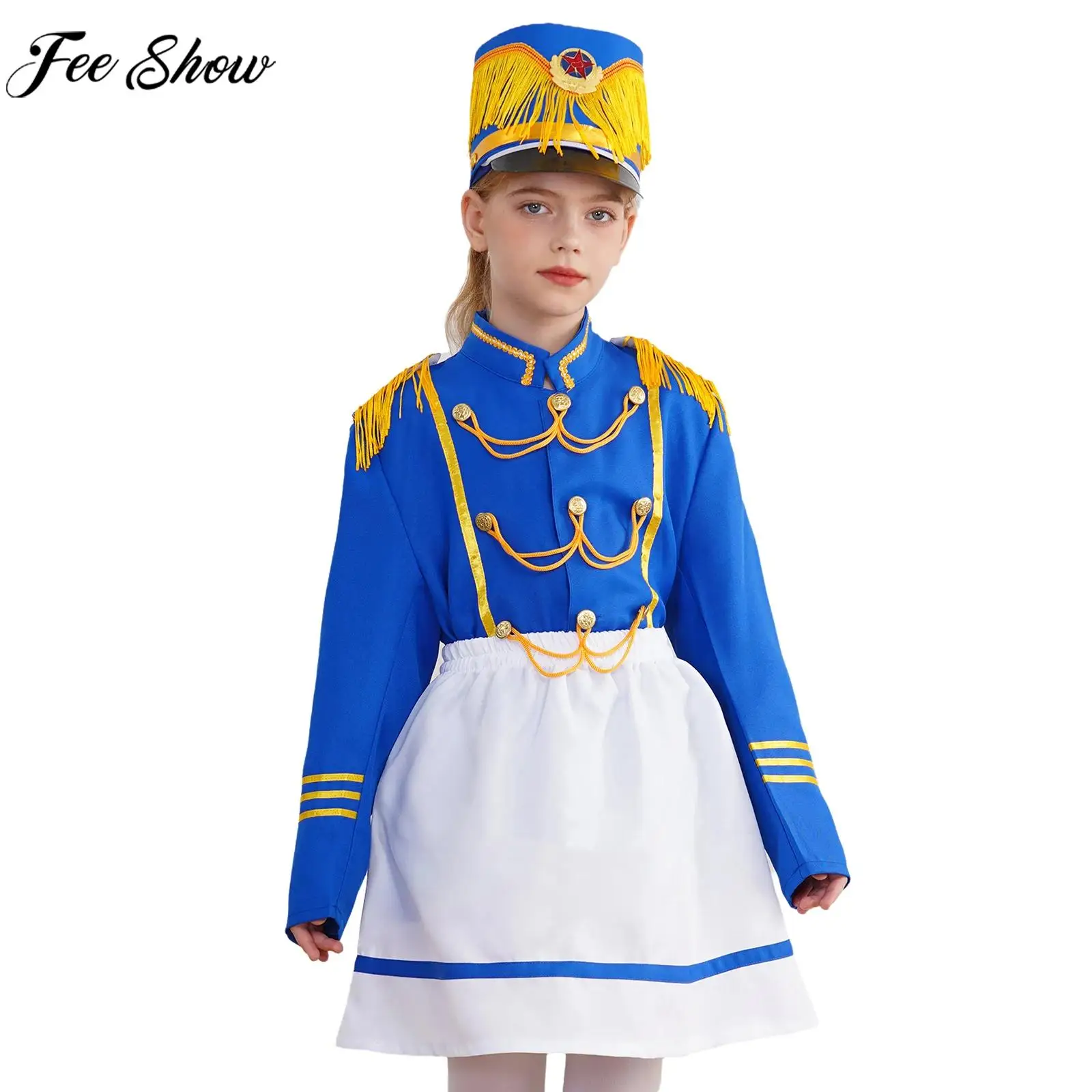 Girls Halloween Carnival Marching Band Drummer Conductor Honor Guard Parade Performance Costume Long Sleeve Top with Skirt Hat