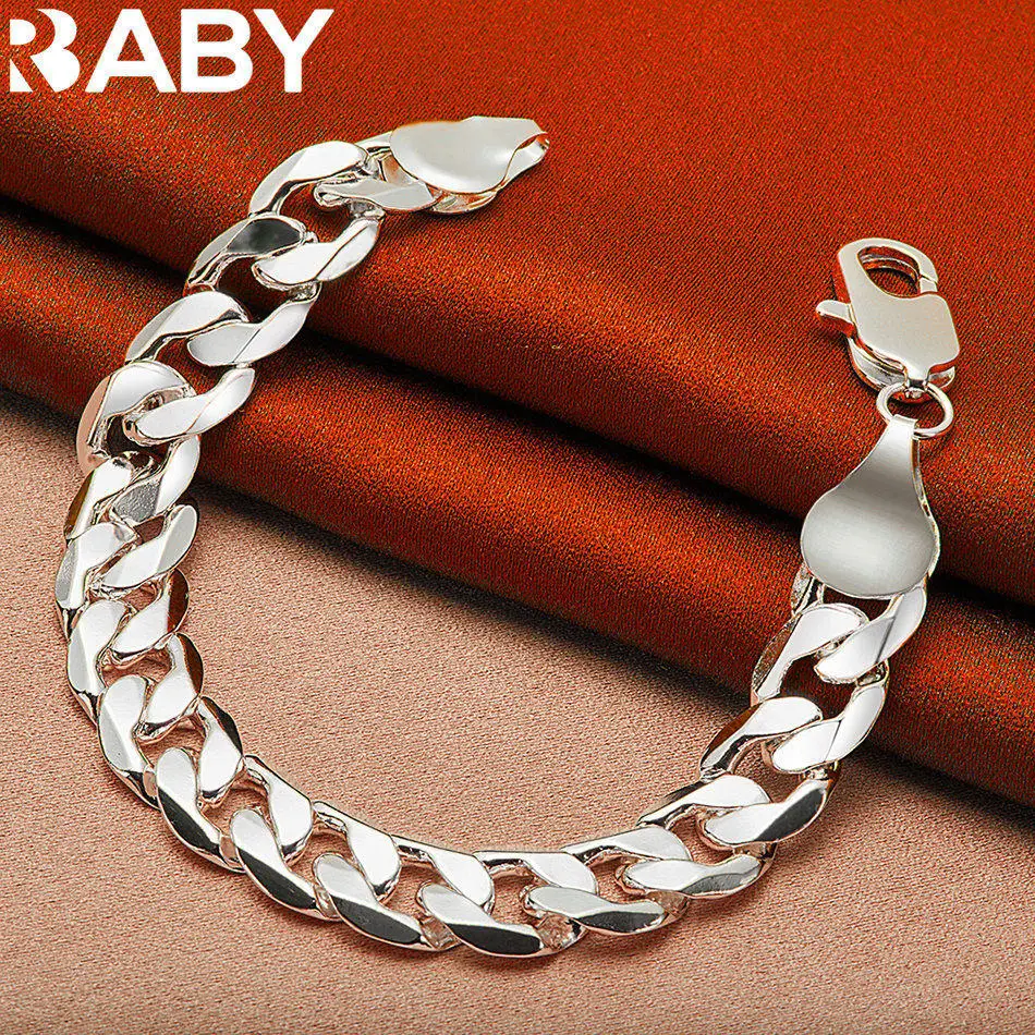URBABY 925 Sterling Silver 12mm Side Chain Bracelet For Women and Men Fashion Jewelry Classic Simple Party Accessories Birthday