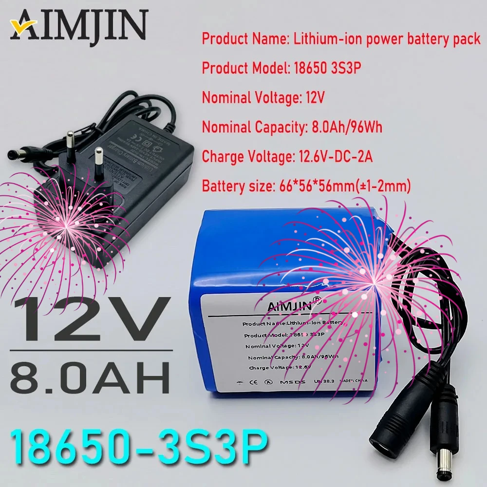 

12V 8000mAh 18650 Lithium-Ion 12.6V DC 2A Charger with Rechargeable Battery Ultra Large Capacity 3S3P BMS Battery Pack