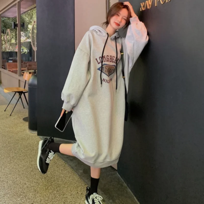 Plus Size Women Fleece Hooded Autumn Winter Retro America Oversizes Sweatshirt Maternity Long Sleeve A-Line Sportwear Midi Dress