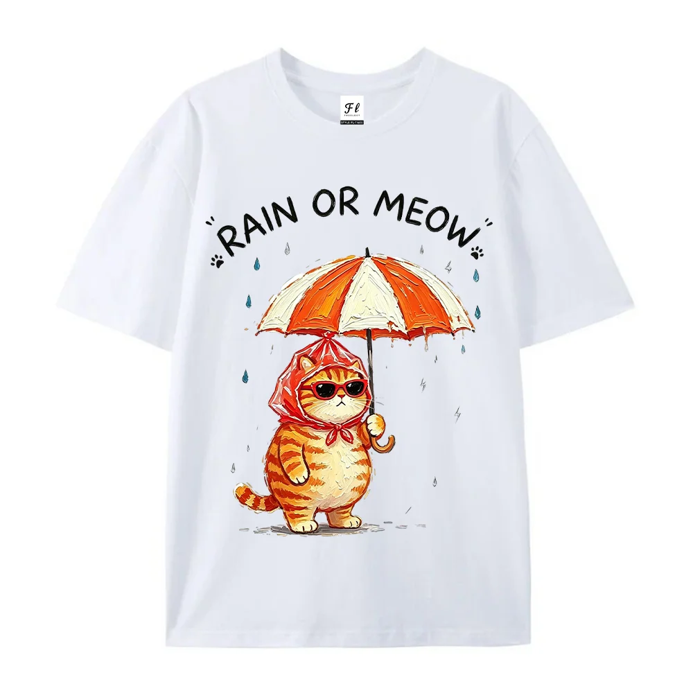 Unisex Funny Cat Graphic T Shirt Rain Or Meow Cute Orange Cat Holding Umbrella Print Tees Casual Short Sleeve Aesthetic Lover