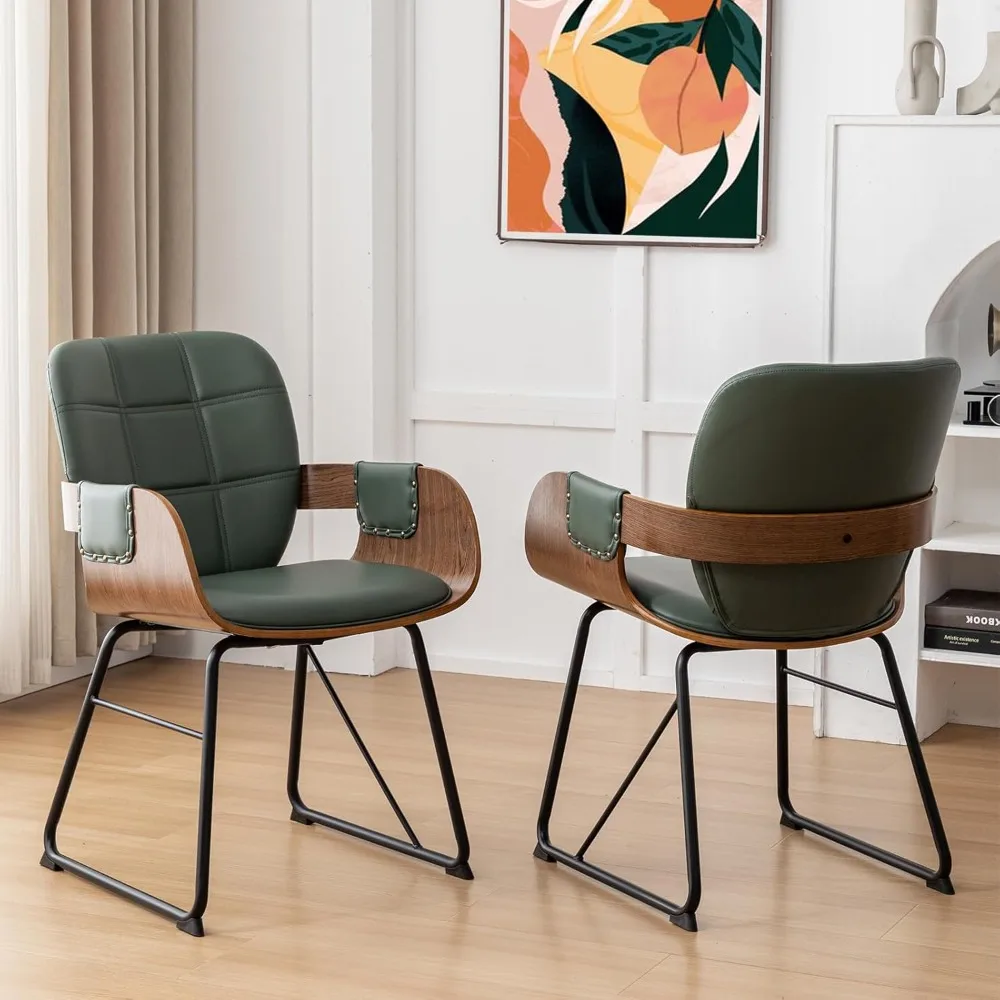 

Set of 2 kitchen & Dining Room Chairs - Mid Century Modern Chairs with Upholstered Seat, Cushion Arm, High Back, Metal Legs Mcm