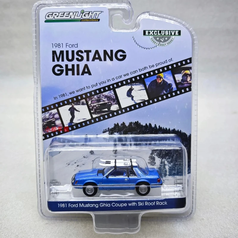 

1:64 1981, Mustang Ghia Coupe с верхней стойкой для лыж - модель среднего Blu Light, ограниченная серия, коллекционная настенная подвеска, подарочный автомобиль из сплава Mo