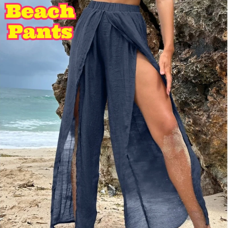 Chiffon High Waist Split Beach Pants Sun Protection Sexy Casual Vacation Bikini Cover Up Lightweight Breathable Beach Wear Women