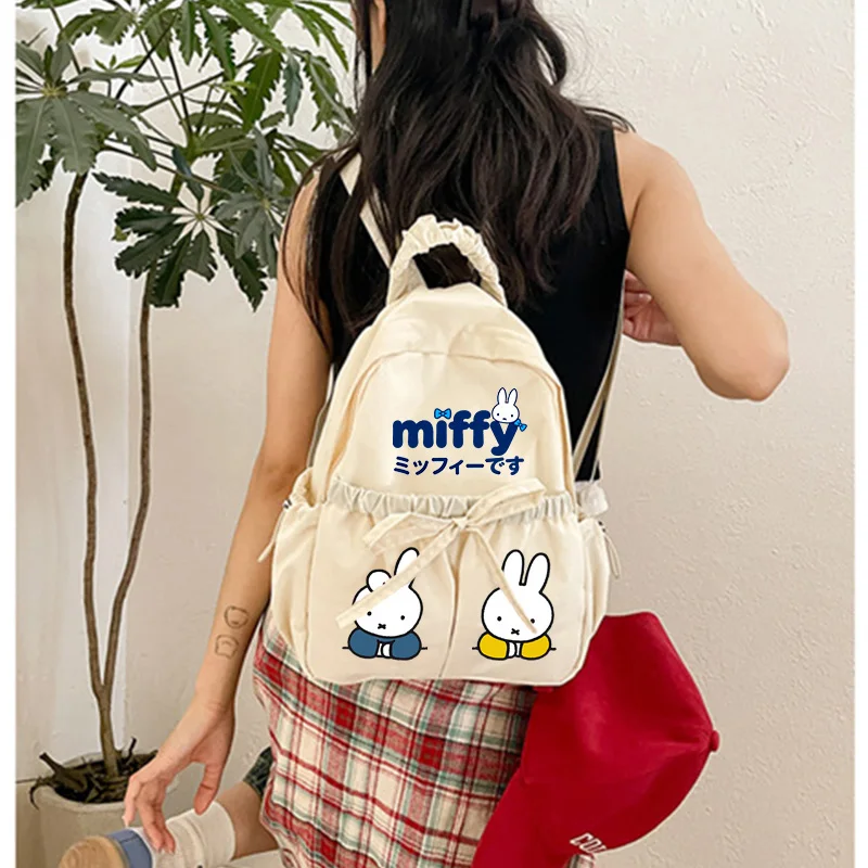 

New Cartoon Miffy Rabbit Backpack Kawaii Reflects On Miffy Student Backpack Nylon Travel Outdoor Backpack with Large Capacity