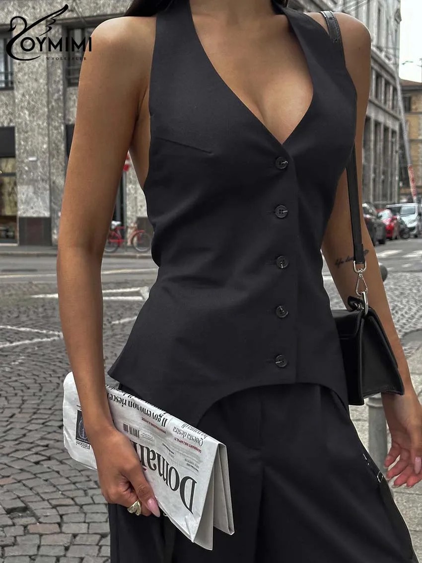 Oymimi Fashion Black Two Piece Set For Women Elegant Deep V-Neck Button Halter Neck Open Back Shirts And Simple Trousers Sets