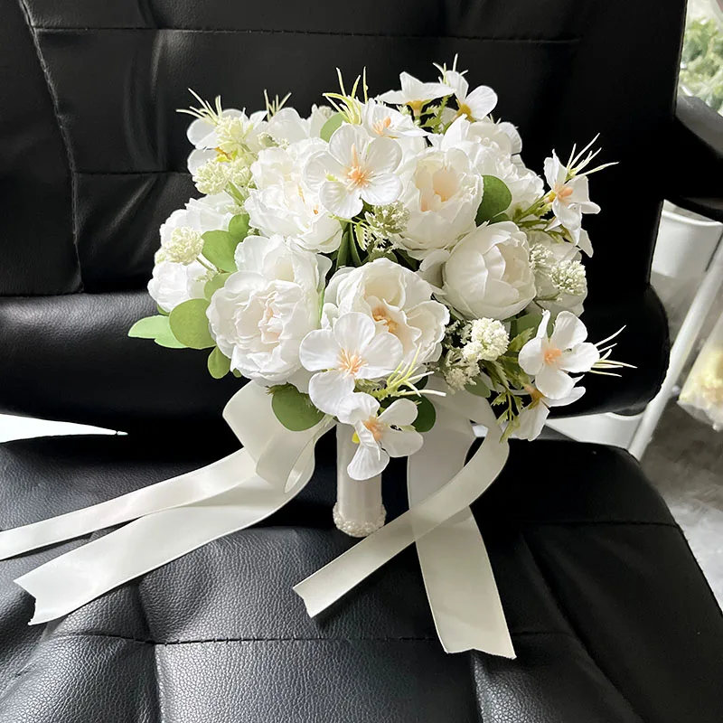 Ramo de novia, ramo de boda personalizado, accesorios de matrimonio para dama de honor, centros de mesa de boda blancos, flores artificiales hechas a mano