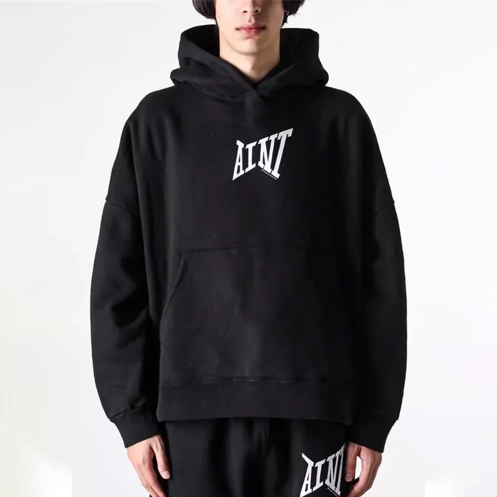 NIGO Men's Black Printed Trendy High Street Pullover Hooded Sweatshirt Spring Funky Simple Basic Sweatpants Set #NGTOP11755