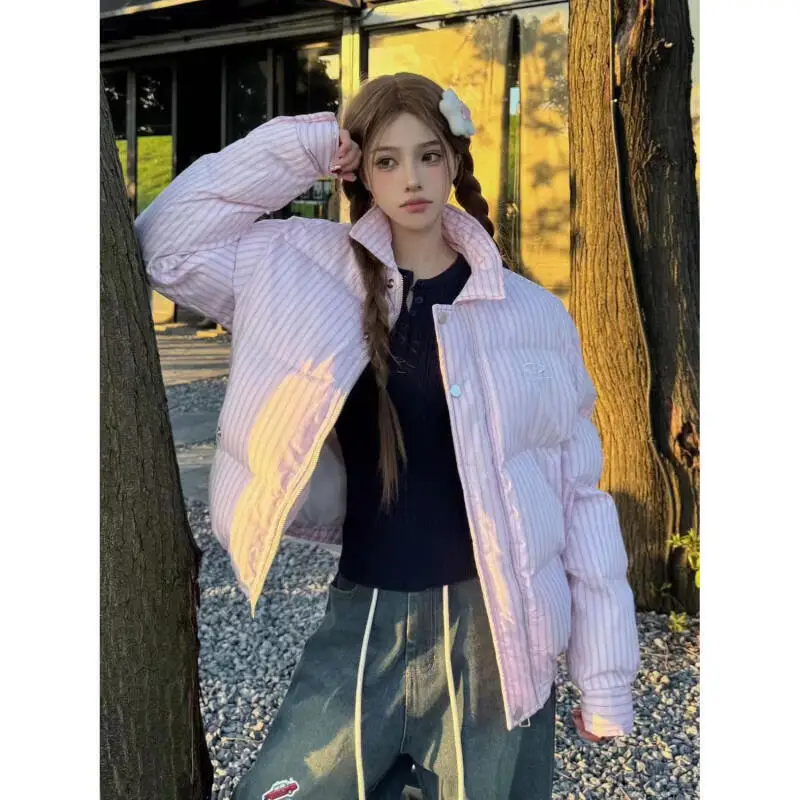 سترة نسائية شتوية مبطنة بالقطن بخطوط عمودية وردية النسخة الكورية للفتيات الطالبات سترة منتفخة دافئة معطف علوي #2