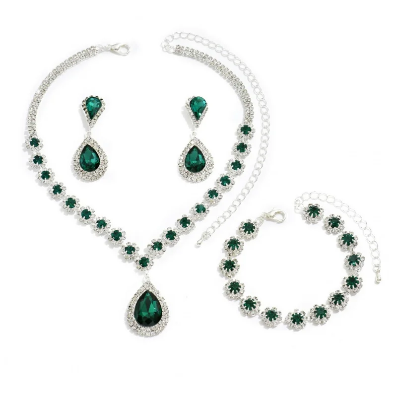 Middle Eastern Jewelry Hot Sale Necklace Earrings Bracelet Three-Piece Set Full Diamond Flower Bride Jewelry Set Dress Accessori