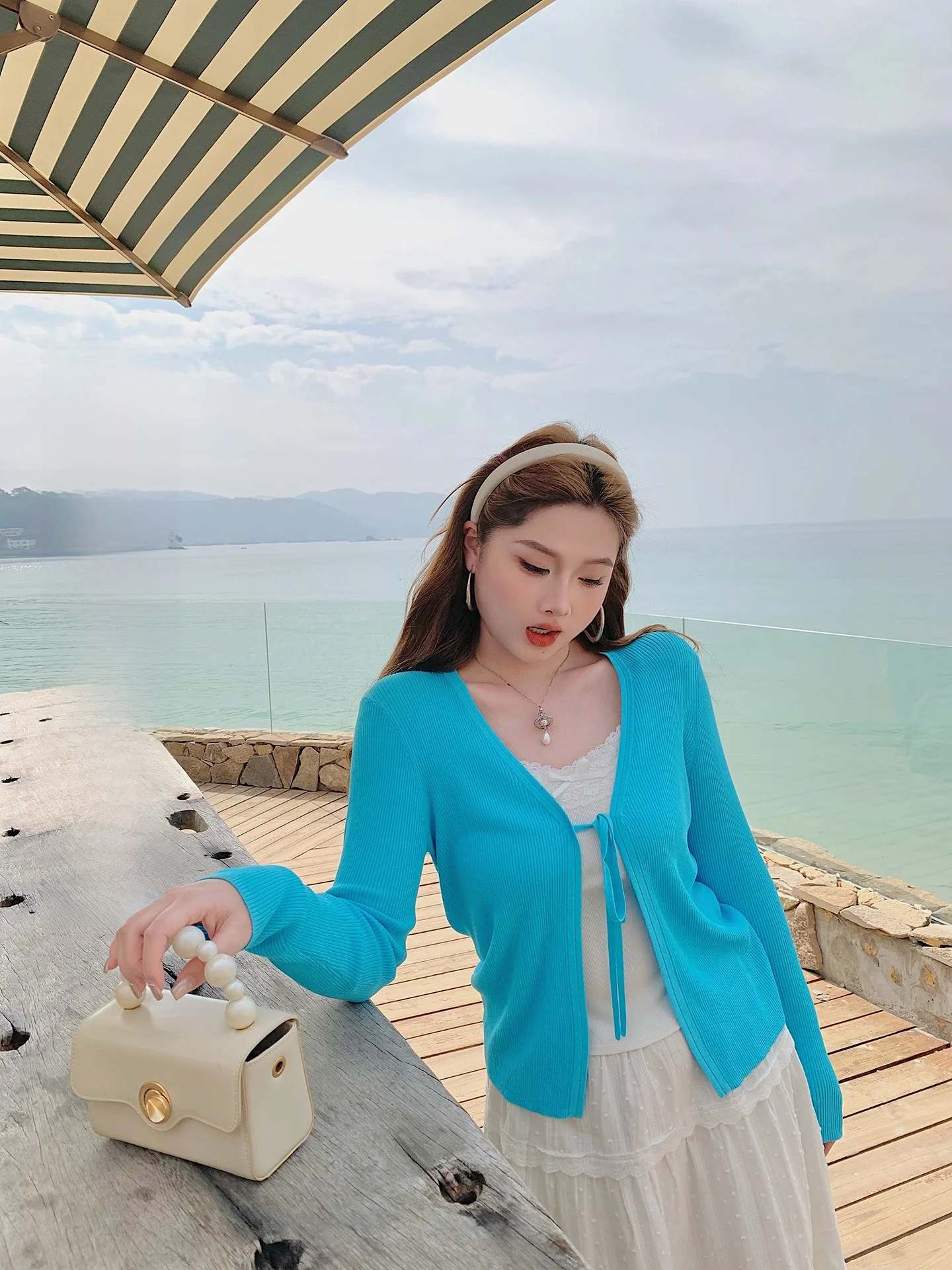 

Herwear Slim Fit Knitted Open Cardigan Women's Outerwear Long Sleeve V-Neck Spring Summer Special Edition Peacock Blue