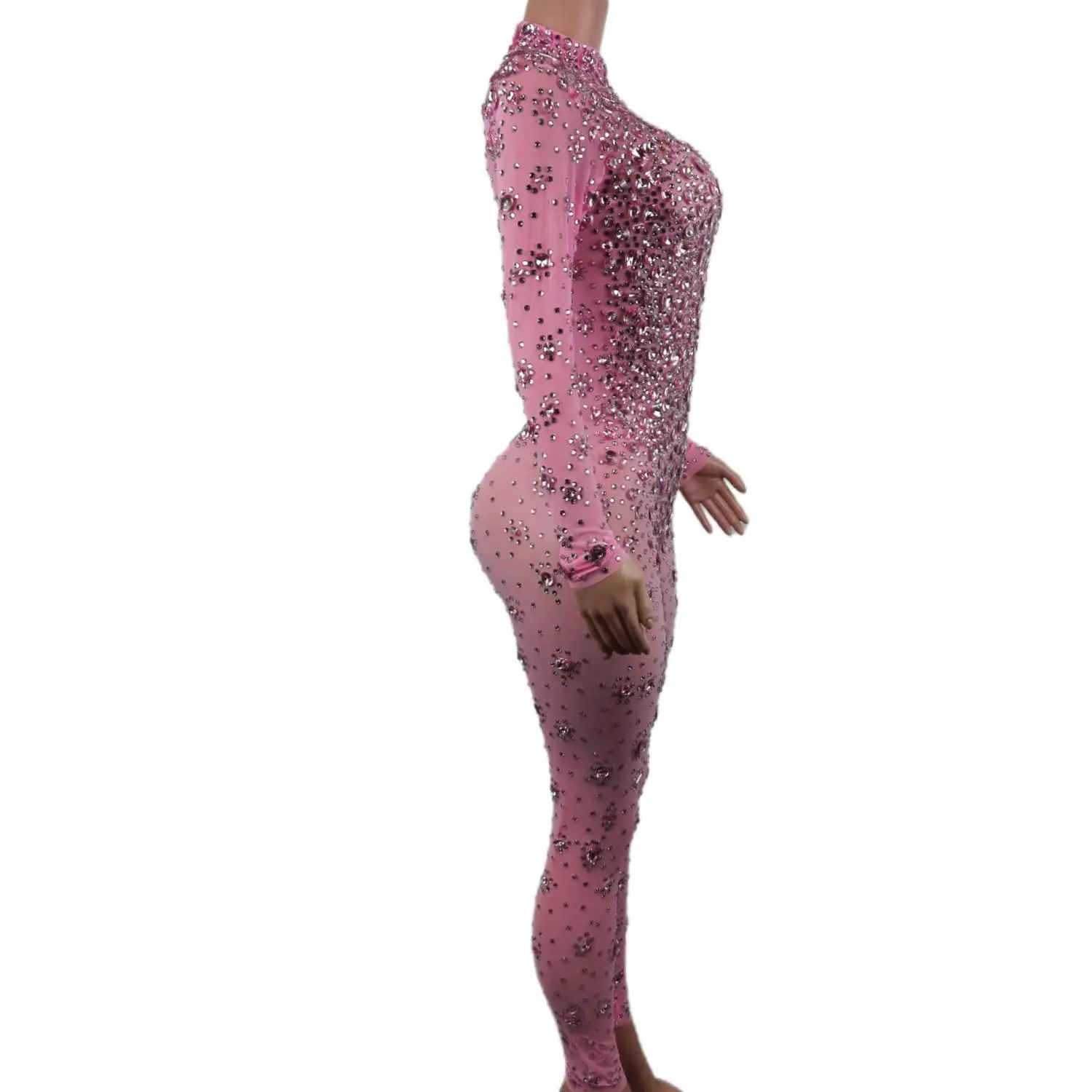 Shiny Rhinestones Pink Long Sleeve Jumpsuit Sexy Women Performance Crystal Bodysuit Nightclub Pole Dance Costume Party Prom Wear