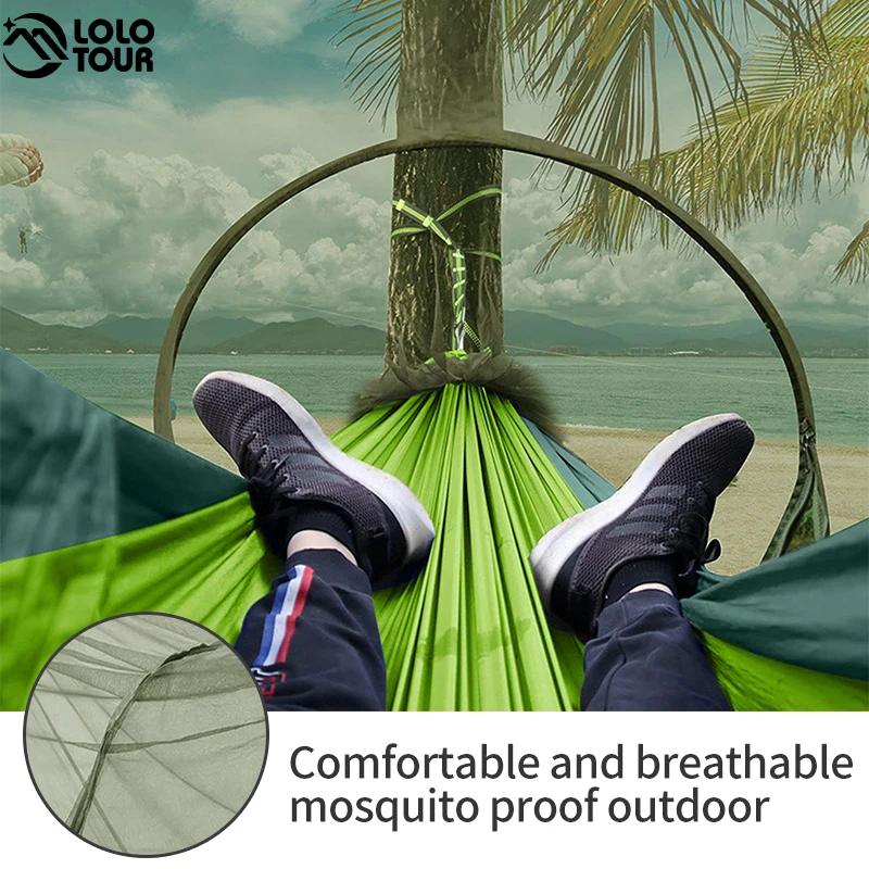 Quick Open Camping Hammock with Mosquito Net Lightweight Portable Parachute Nylon Double Hammock for Backpacking Survival Travel