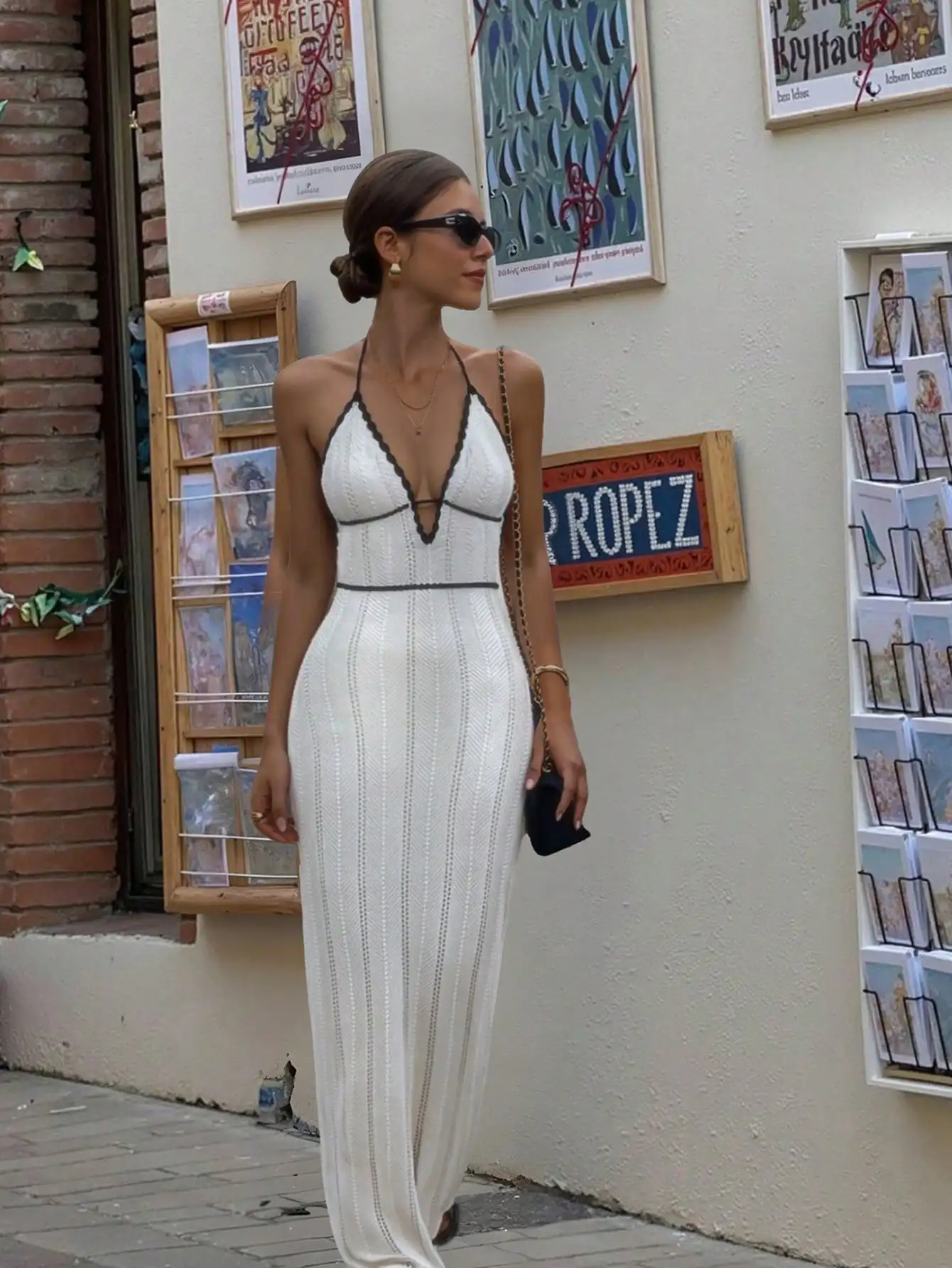 

White Knit Halter Neck Maxi Dress with V-Neck and Black Trim, Boho Chic Summer Beach Wear