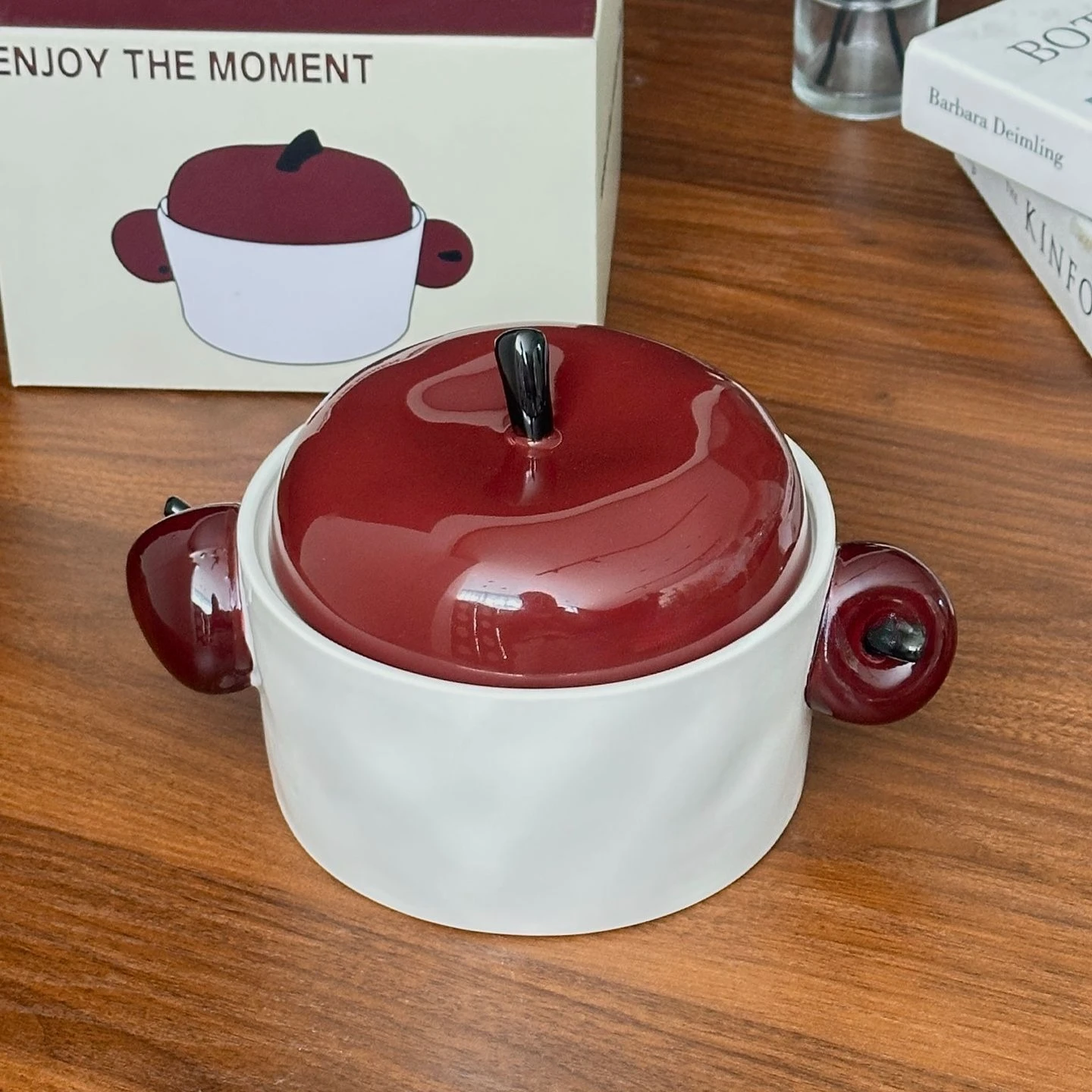 وعاء المعكرونة الفورية من سيراميك التفاح مع غطاء، وعاء حساء مزدوج للأذن للطلاب، أدوات مائدة ذات سعة كبيرة في الميكروويف