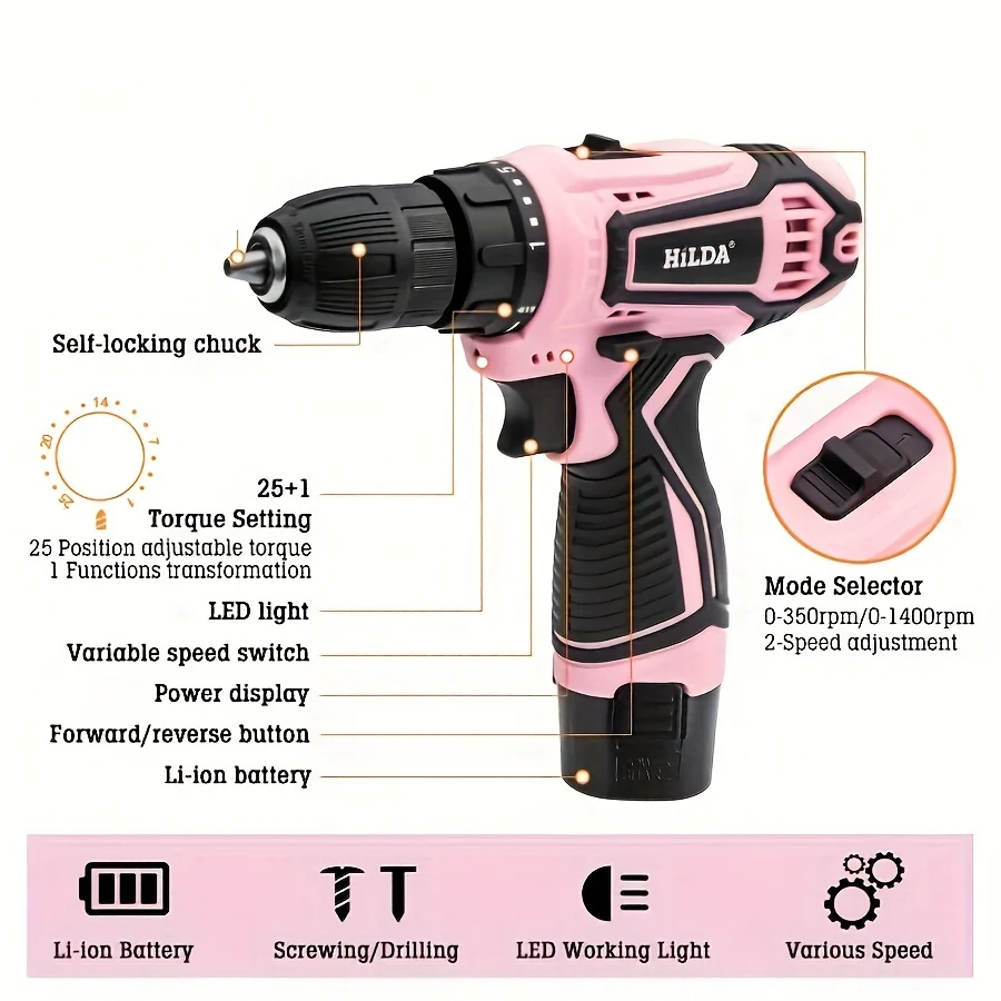 HILDA Pink Electric Drill 12V Cordless Drill Electric Screwdriver Mini Wireless Power Driver DC Lithium-Ion Battery With bag