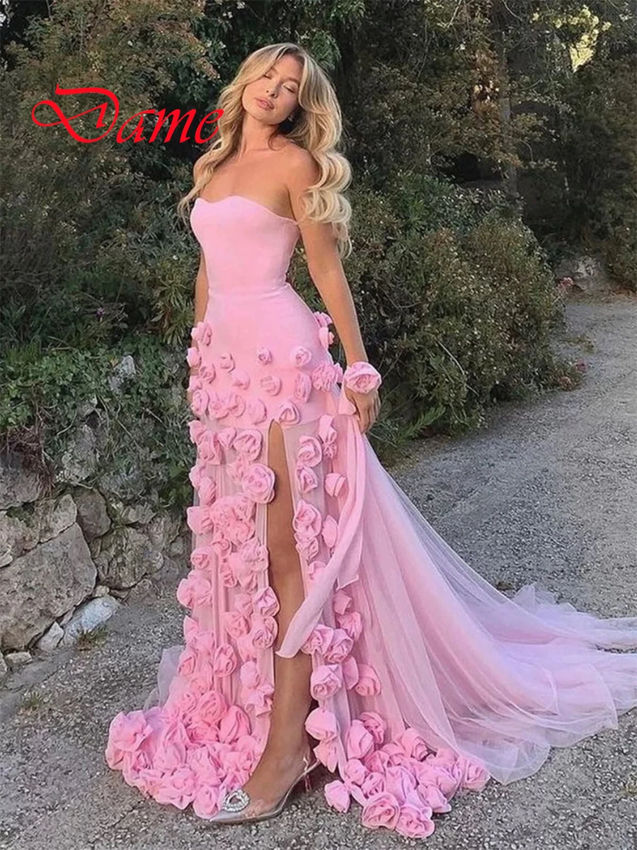 Customized Exquisite Pink Jersey Evening Dress Delicate  Strapless Sleeveless Zipper Back Side Slit  Flowers Homecoming Dress