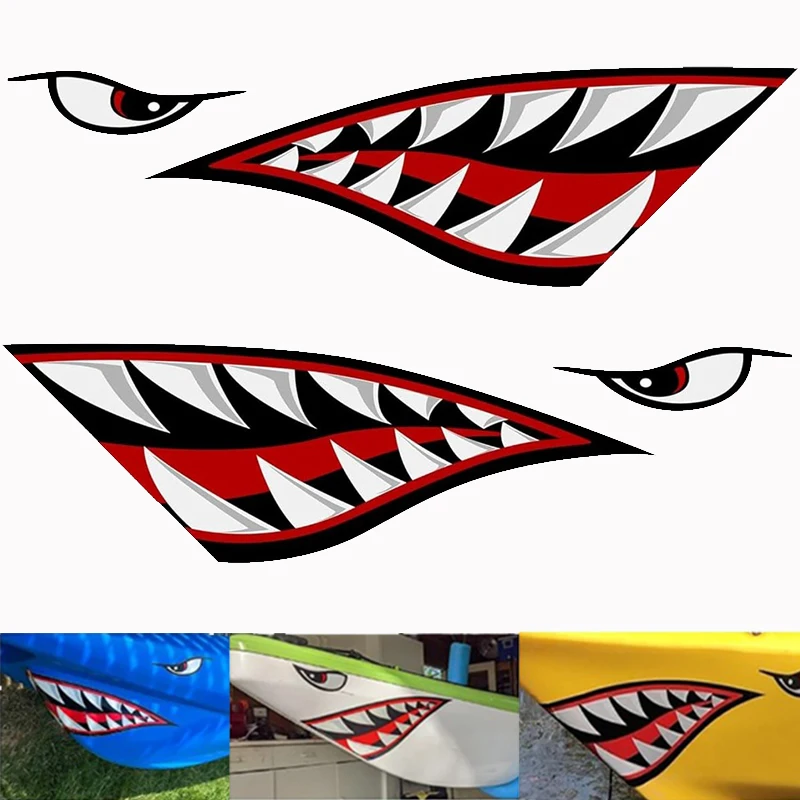 2PCS Shark Tooth Mouth Boat Stickers Waterproof Sunscreen for DIY Fishing Boat Canoe Car Truck Kayak Decals Cover Scratches