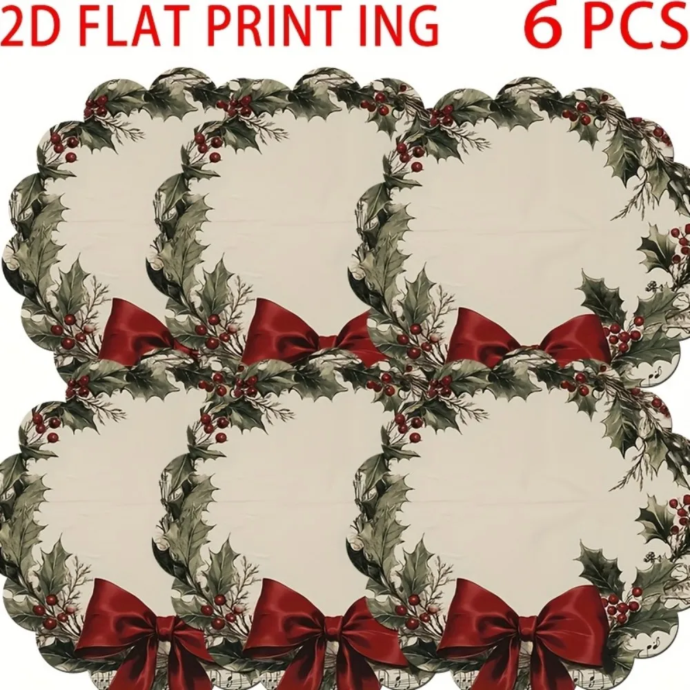 VIKAMA 2025 Christmas Table Decor, 6-Piece Vintage Wreath Music Note Coaster Set, Holiday Party Christmas Gift