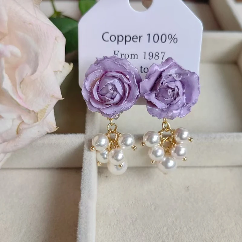 

Multicolor Natural Rose Earring Elegant Imitation Pearls Earrings With Dried Rose Flower Earrings Epoxy Resin Rose Jewelry 2025