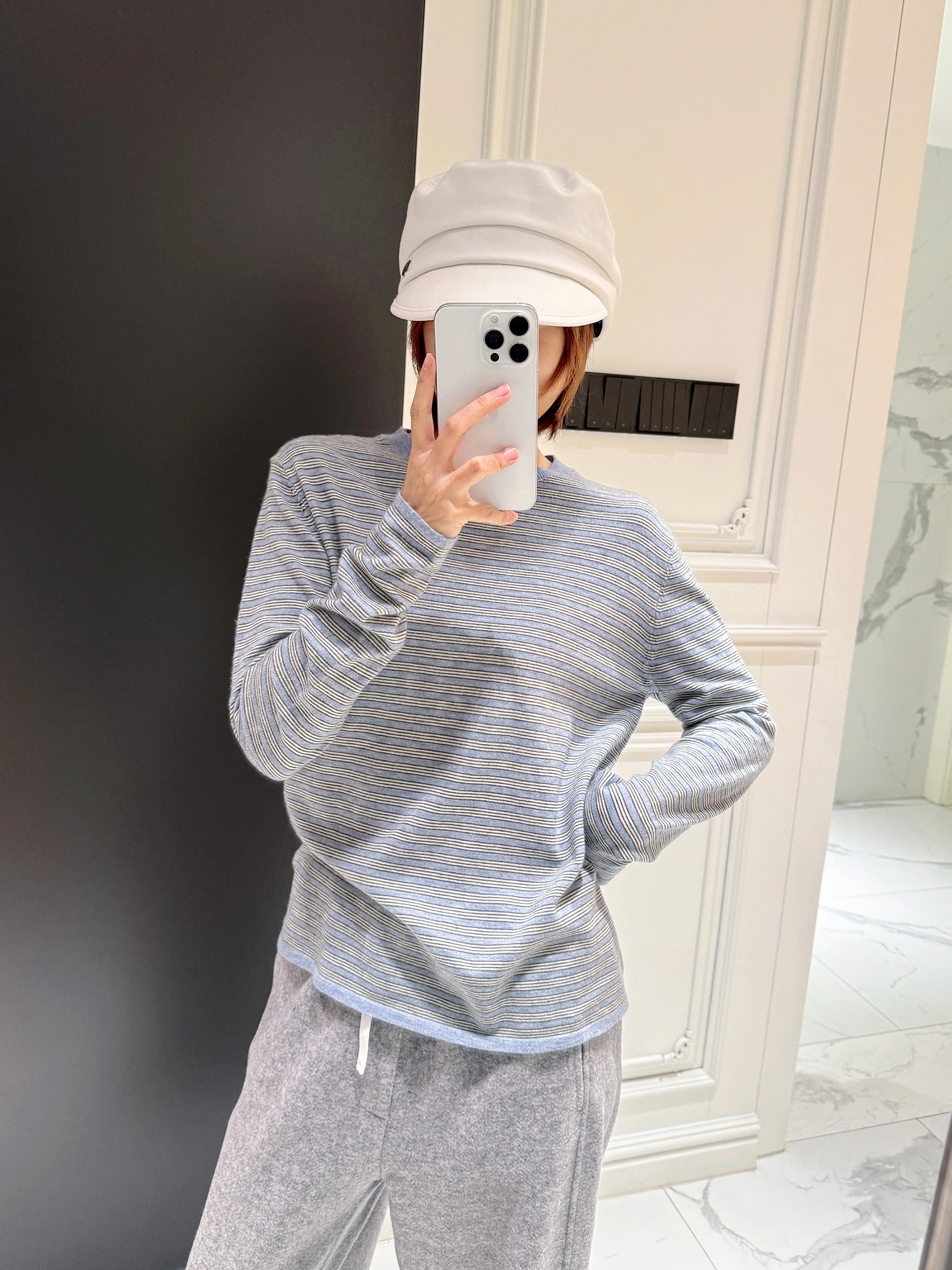 

Soft Silk Wool Knitted Top Women's round Ne Long Sve Casual Sle Cloud Touch Feels Light Blue Stripes Base irt