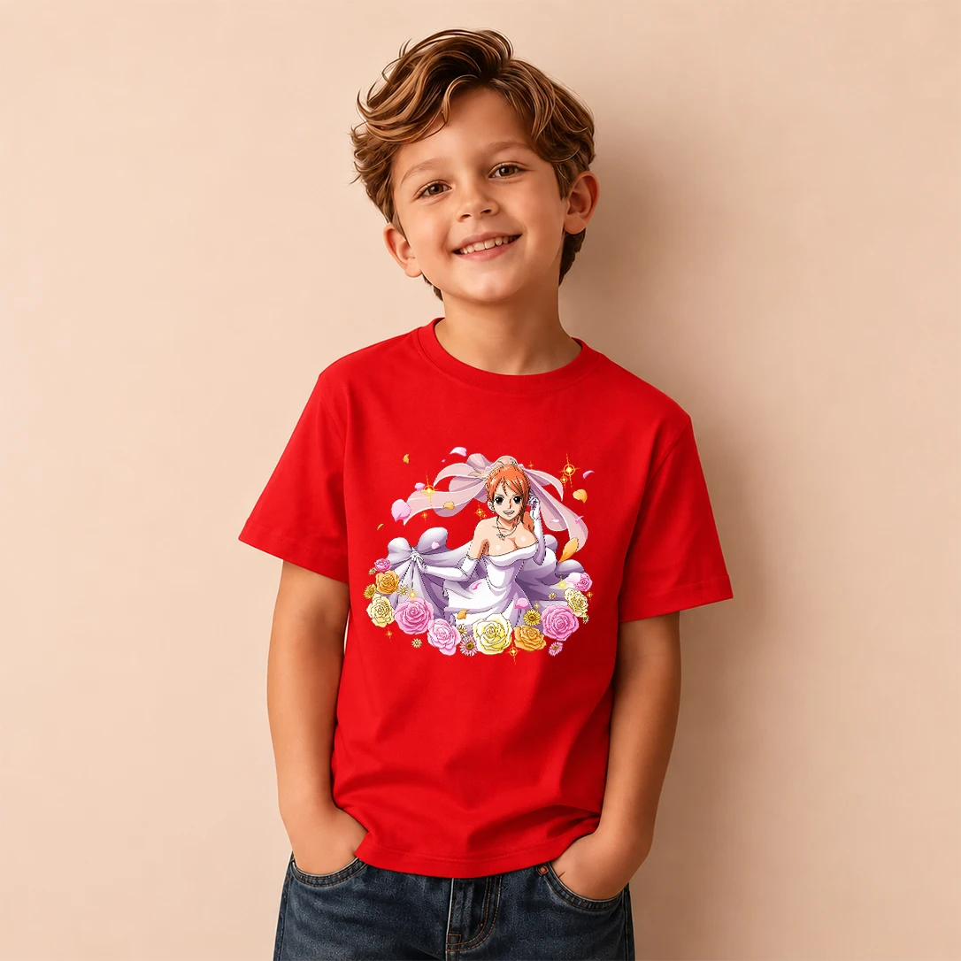 Kids T‑Shirt One Piece Nami Wedding Dress Floral Print Short Sleeve Casual Tops Boys Girls Anime Children Daily Wear Tees