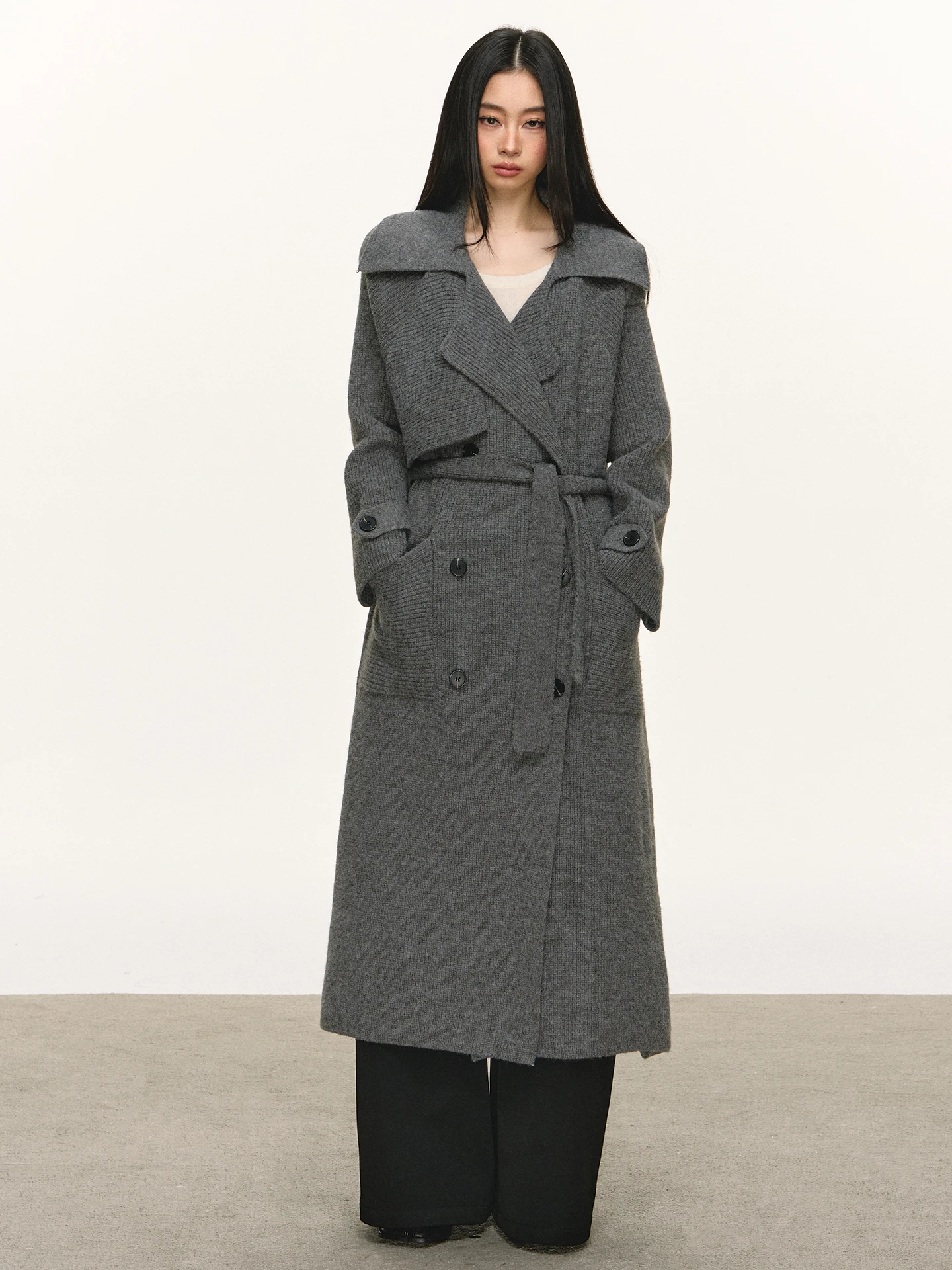 

Anna Aneae ey Mid-Length Sweater Cardigan Women's Winter Turn-down Collar Double-breasted Belted Waist-cinching Top