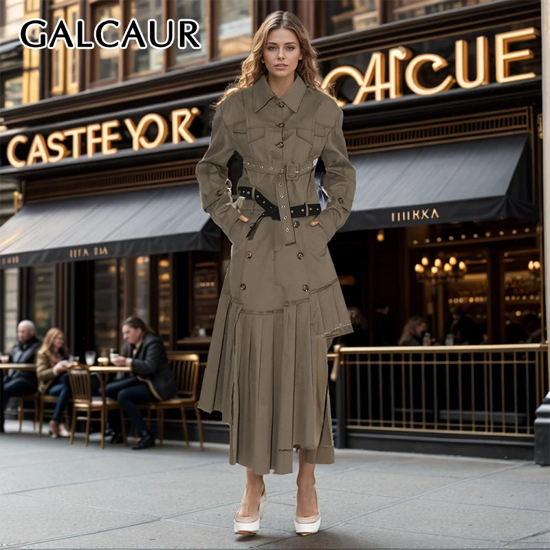 GALCAUR Streetwear Casual 2 Piece For Women Lapel Long Sleeve Spliced Belt Crop Jacket High Waist Asymmetrical Skirt Set Female