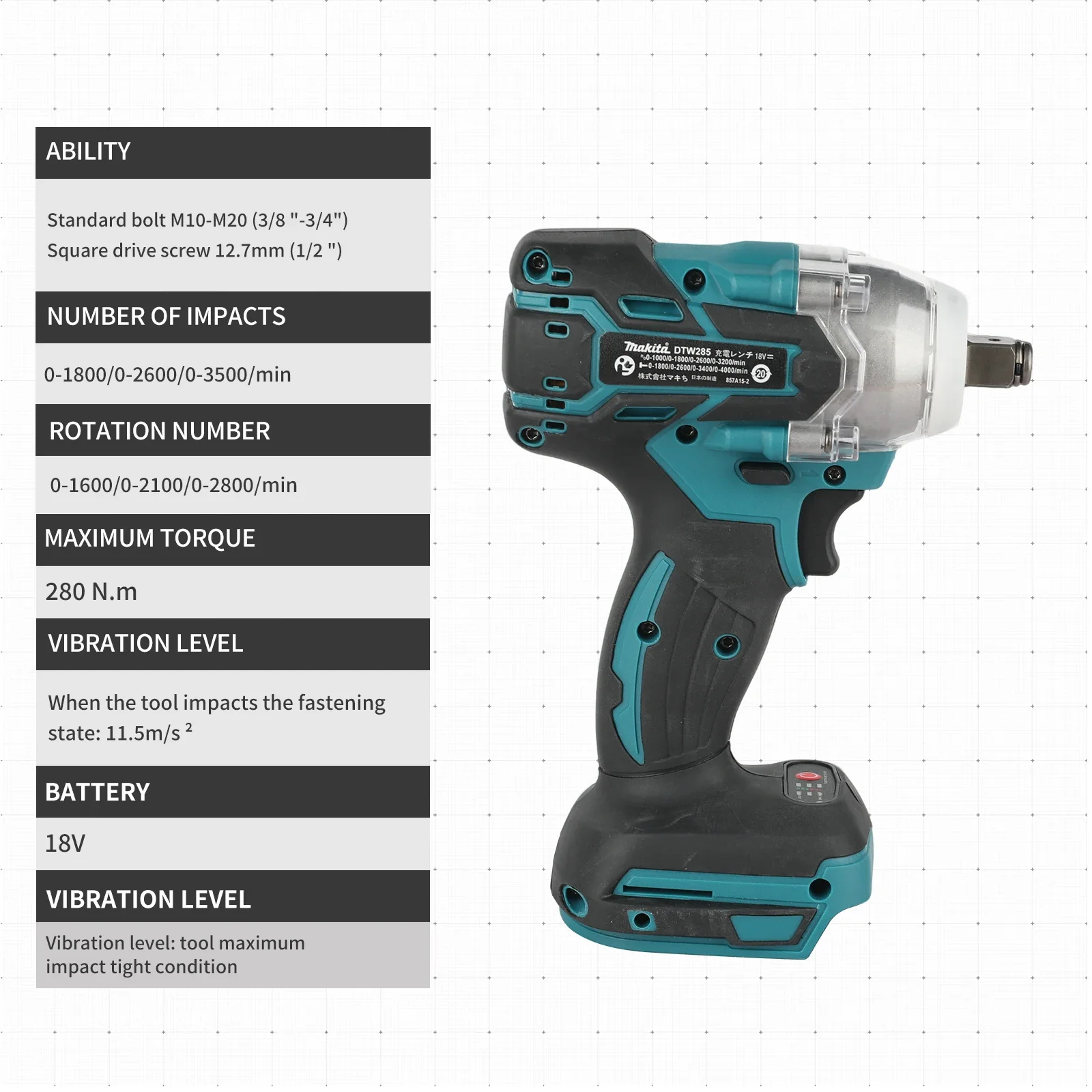 For Makita DTW285 280N.m Max Torque Wrench Ideal Car Tire Replacement And Agricultural Machinery Maintenance Power Tools
