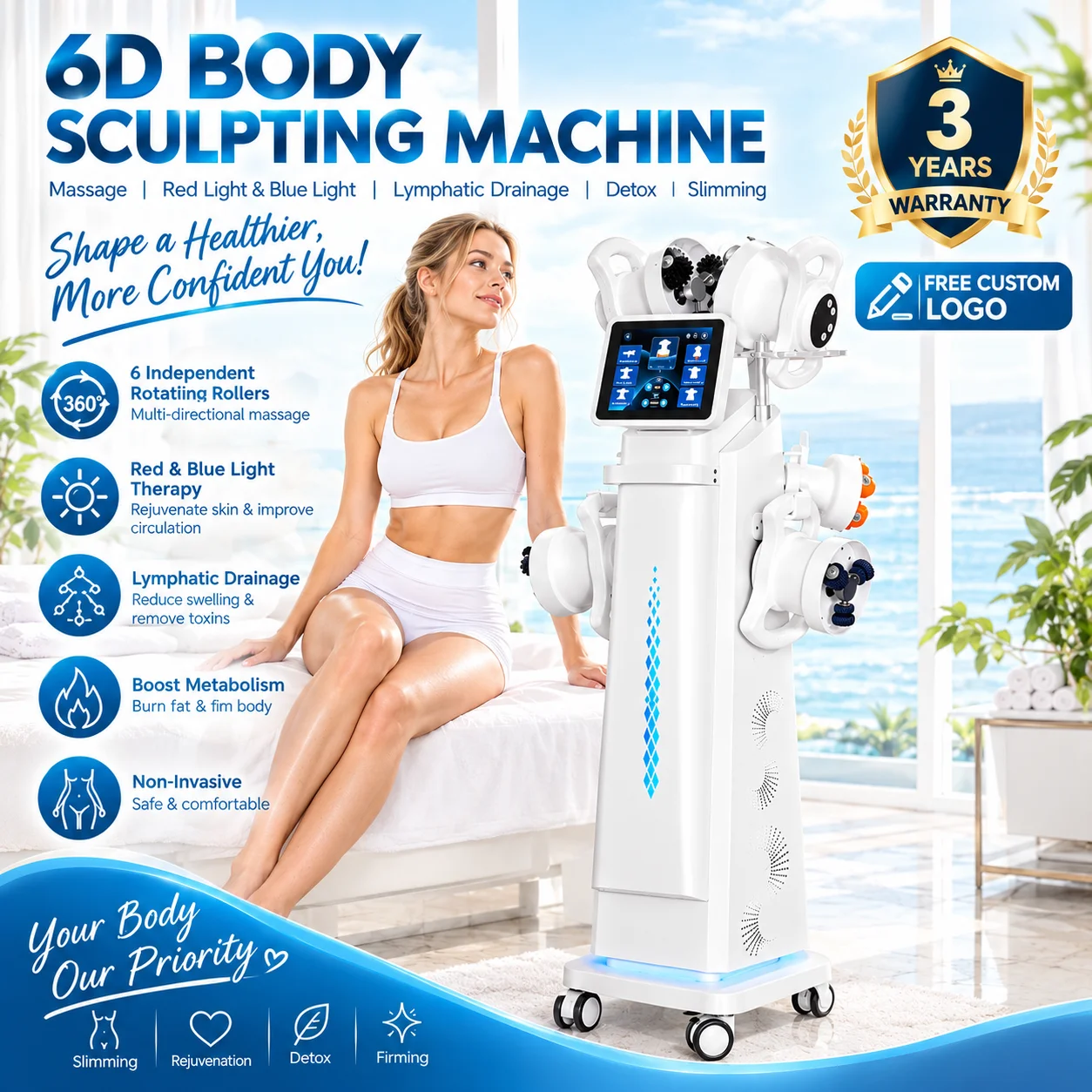 Body Massage Roller Machine 6 Handle 360° Rotation for Slimming Body Shaping Contouring Firming Relaxation Professional Spa