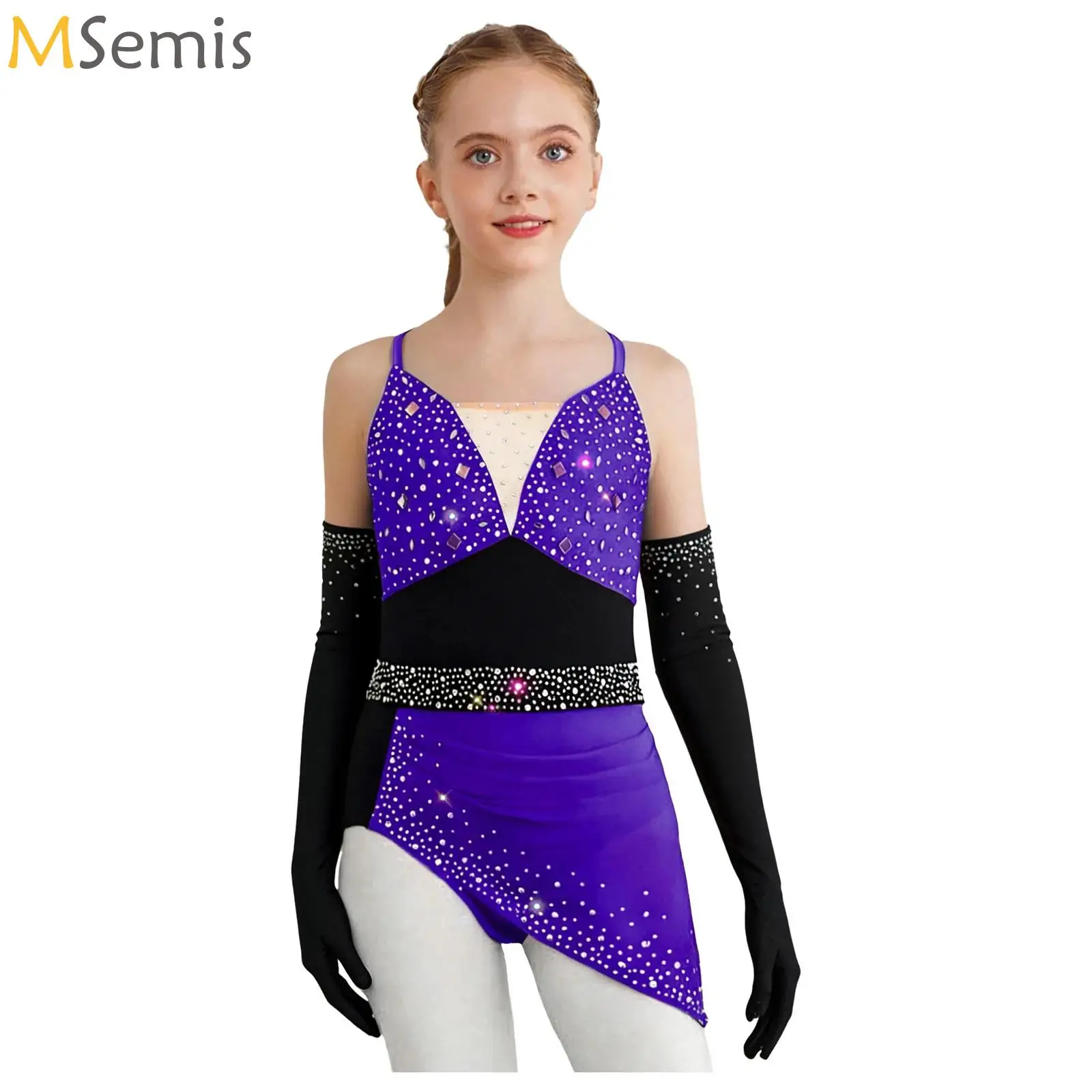 

Kids Girls Ballet Dance Leotard Dress Rhinestones Figure Skating Rumba Latin Dance Cha-Cha Bodysuit Gloves Performance Costume