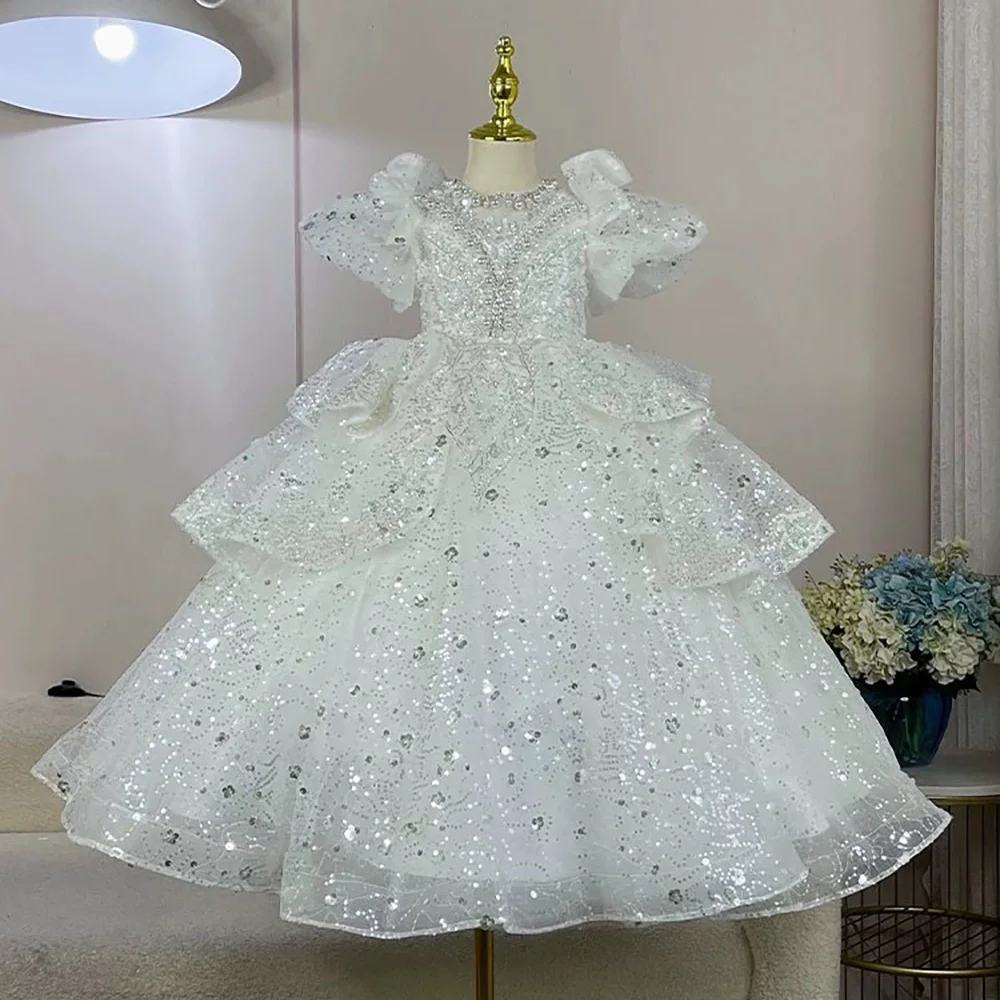 Children Girls Blue Evening Dress for Birthday Party Luxury Embroidery Beading Sequin Kids Princess Dresses Flower Girl Dress