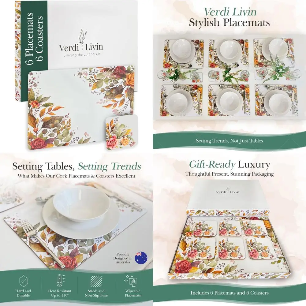 

Set of 6 Heat-Resistant Cork Coasters and Placemats, 16x12 inches, Wipe Clean Autumn Design for Dining