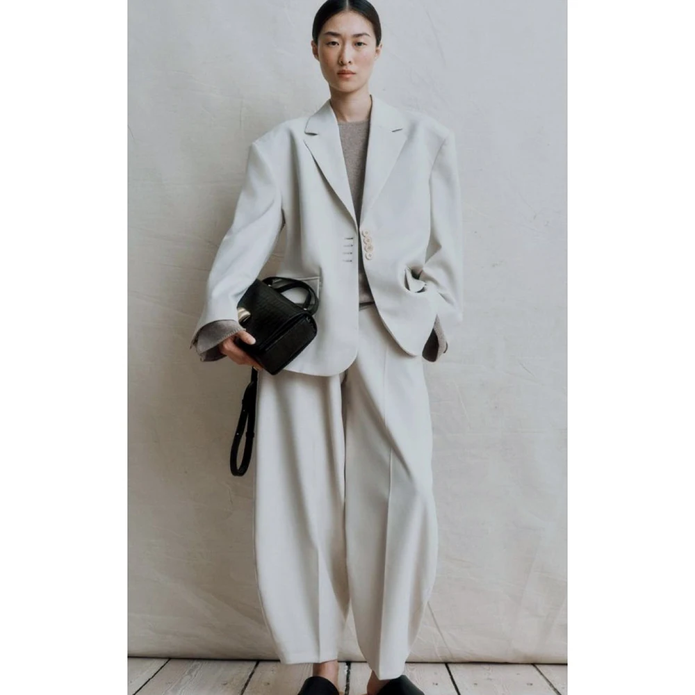 Chic Women's Single-Breasted Notch Lapel Light Beige Suit 2 Pece Jcaket Pant Set Loose Fit Office Casual Buisness Female Outfit