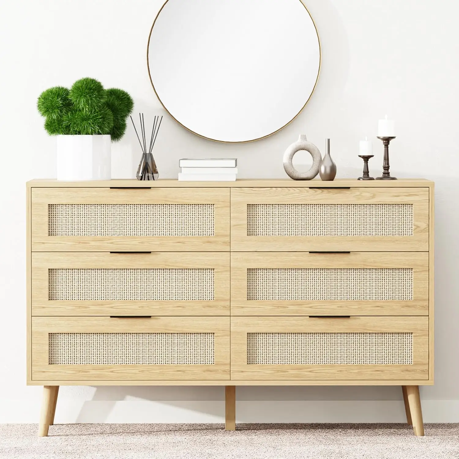 

Natural Rattan Double Dresser For Bedroom, Wooden Chest Of Boho Dresser Chest, Beside Table For Bedroom, Closet, Living Room