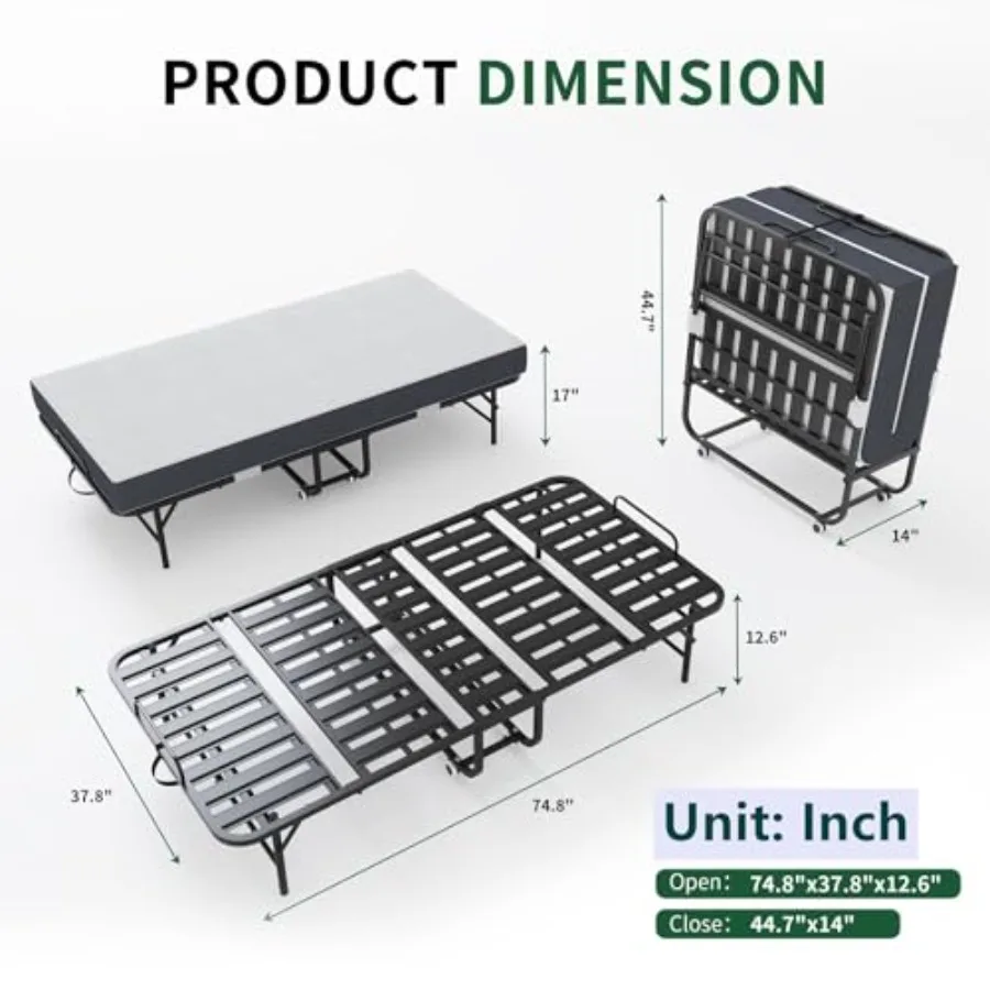 75x38 Folding Bed with Built-in Mattress for Guest Room, Camping Small Spaces Compact Portable Bed in Neutral Gray with Heavy-D