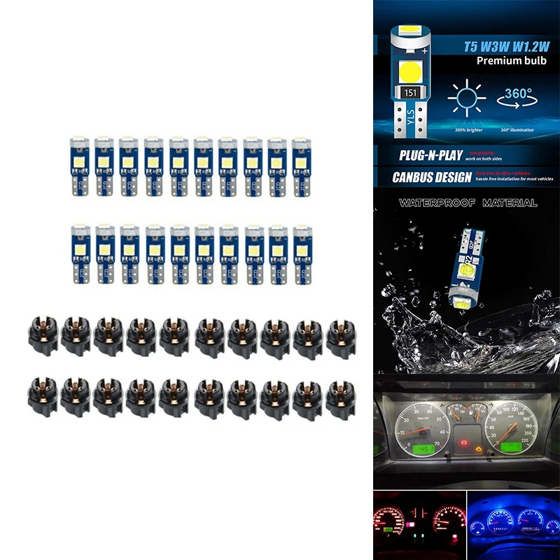 20Pcs T5 LED Lights For Car Dashboard Panel Gauge Indicator, 3030-3SMD Light Replacement With Twist Lock Socket