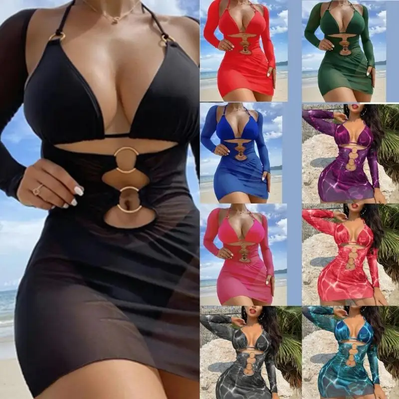 

F68F Women Long Sleeves Swimwears Long Sleeves Bathing Suit Solid Color Swimsuits