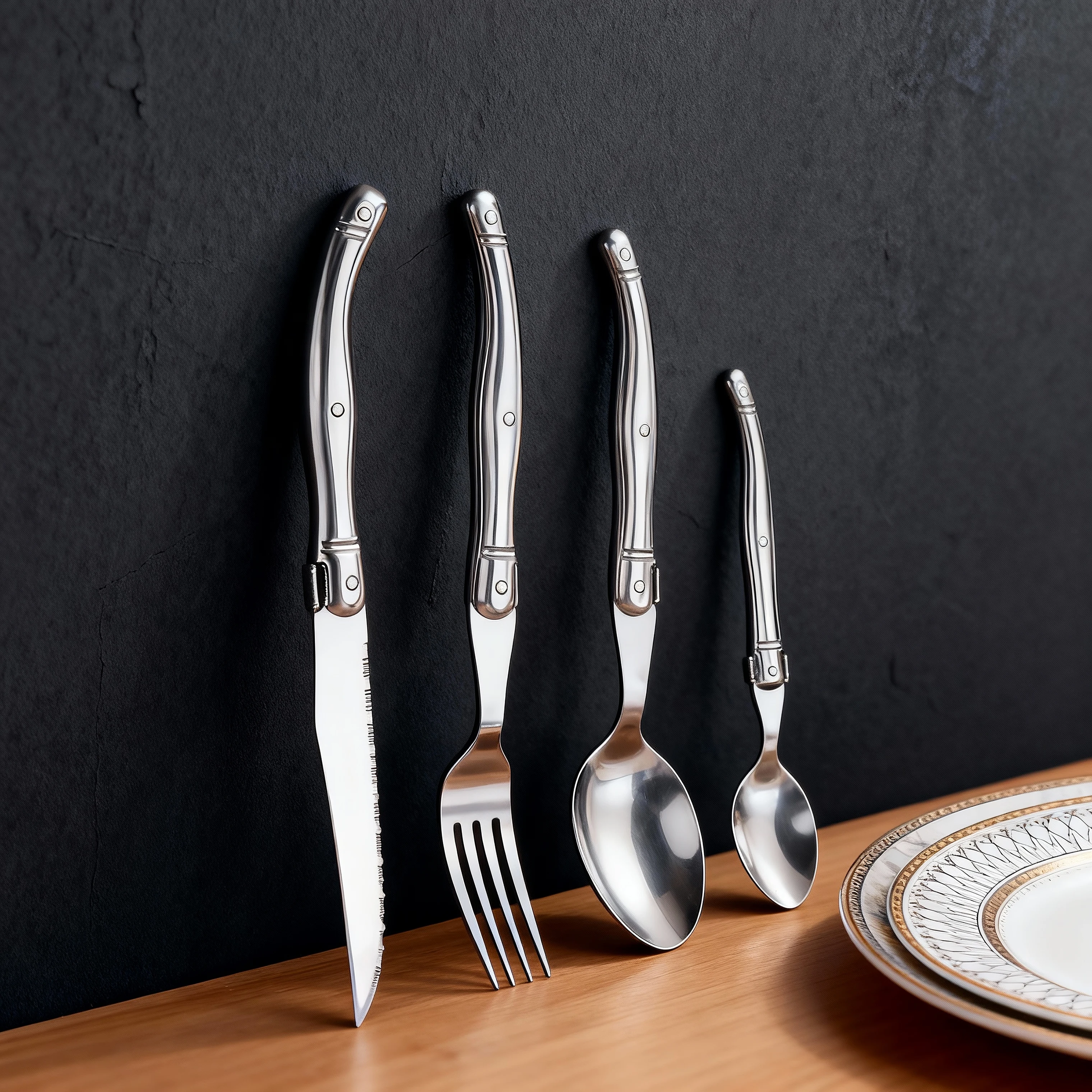 Jaswehome - Juego de 4 piezas de cubiertos occidentales de acero inoxidable, cuchillo para carne, tenedores para cena, cucharas para té, juego de cucharas para postre, utensilios de cocina