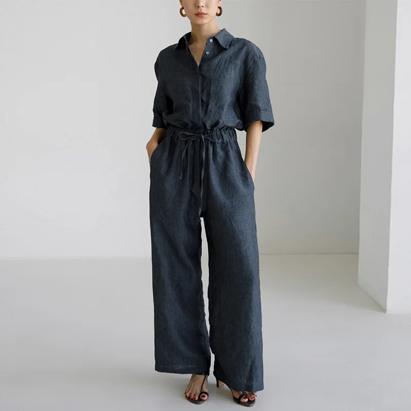 100% Linen  Jumpsuits For Women Short Sleeve Top +Wide Pants Overall Romper Streetwear Elegant One Piece Outfit Women