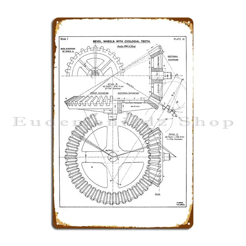 Vintage Drawing Of Gear Wheels From An Edwardian Textbook On Technical Drawing Metal Sign Funny Designing Club Tin Sign Poster